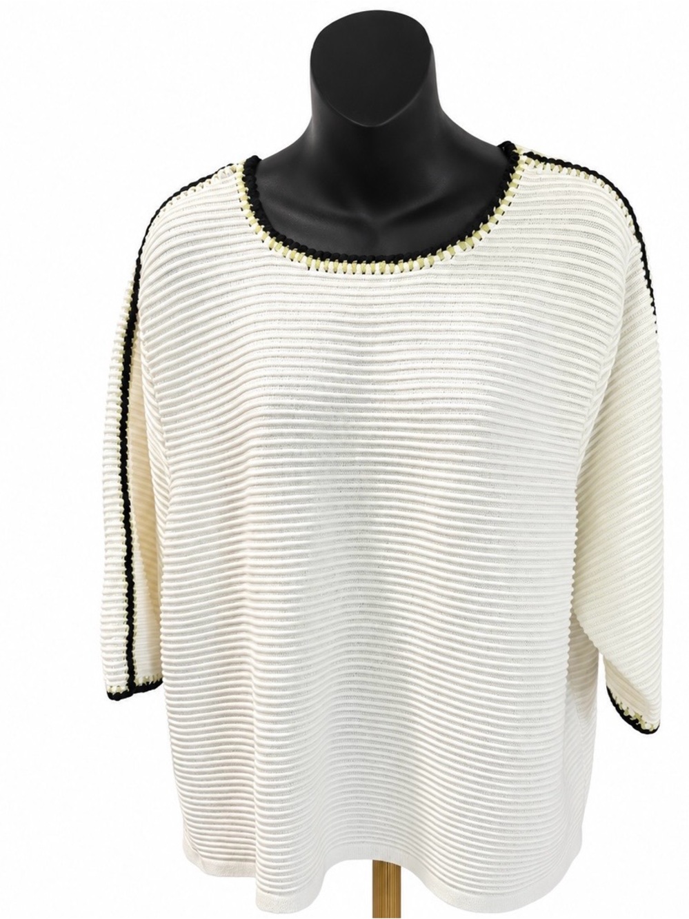 NIC+ZOE Women’s 1X Ivory Ribbed Knit 3/4 Sleeve Pullover Top Contrast Trim